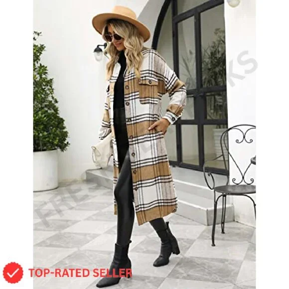 Oversized Plaid Trench Coat Women's Flannel Shacket Classic Fall Layering Piece
